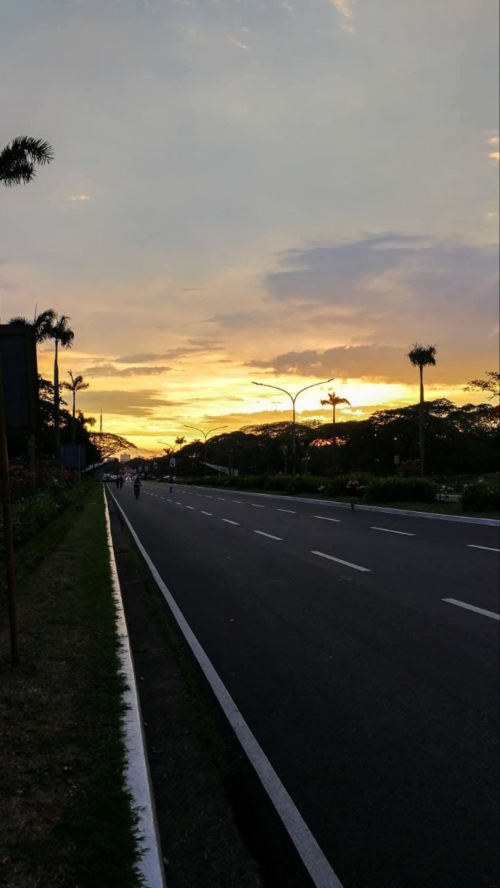 A university road at sunset